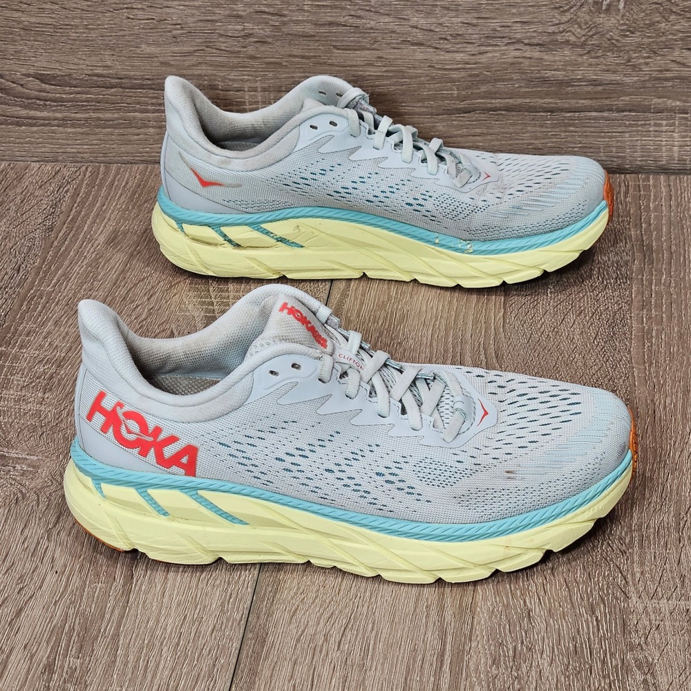 Hoka One One Clifton 7 Morning Mist Hot Coral Running Shoes 1110508‎ Womens 9.5